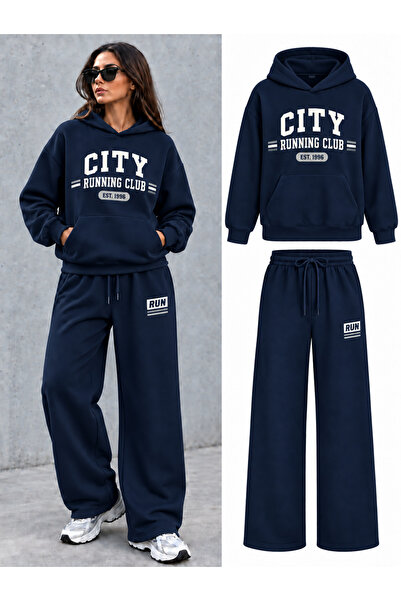 EVIus Oversize Running Club Printed Hooded 100% Cotton Wide Leg Tracksuit Set