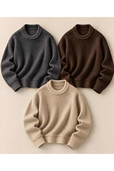 DepoExport Women's 3-Piece Crew Neck Oversize Knitwear Sweater Soft Knitted S...