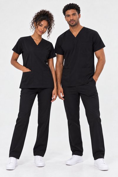 XPLUS Siyah Medikal Hemşire Üniforması Unisex Yüksek Pamuk Likra Doktor Hekim...
