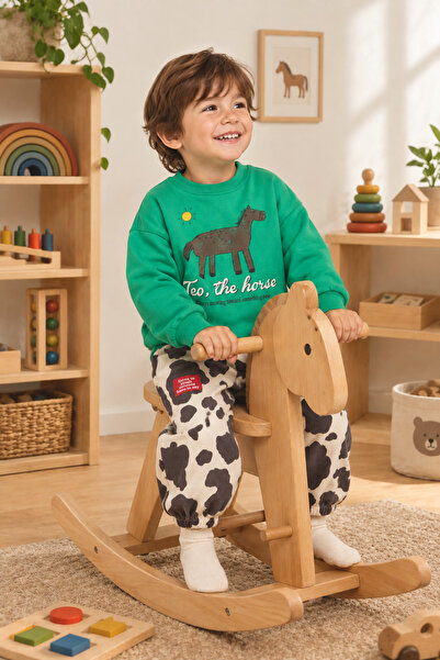 LuccoKids Unisex Teo the Horse Baskılı Yeşil Sweatshirt & İnek Benek Desenli ...