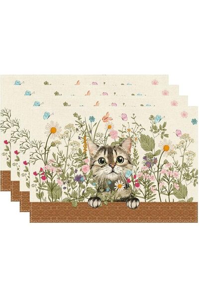 SYOSI 4 Pcs Wildflowers Cat Daisy Spring Placemats, Spring Summer Seasonal Ta...