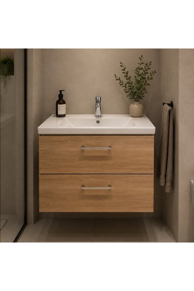 OEM Set Mobilier CELO pentru Baie, Dulap Lavoar, 2 Sertare, Alb si Maro