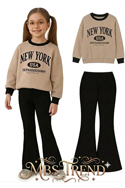 Kids Winter Girls' New York Printed Sweatshirt and Spanish Flared Pants 2-Pie...