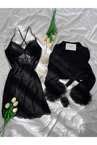 Lena Homewears طقم فستان نوم وروب نسائي من الشيفون بلون الفيروزي (معلب)