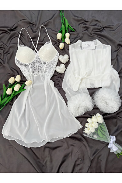 Lena Homewears طقم فستان نوم وروب نسائي من الشيفون بلون الفيروزي (معلب)