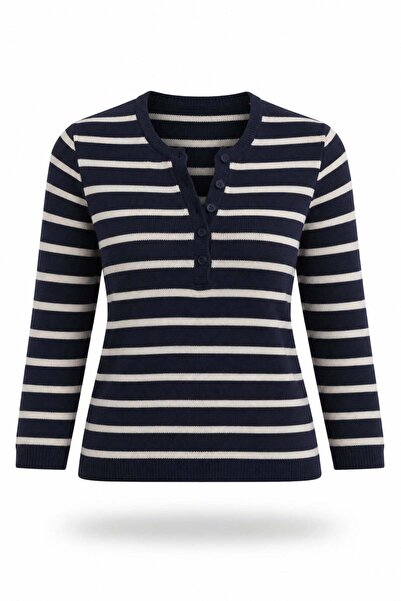 5in1Canpolat Navy Blue Striped Mercerized Knitwear 261135