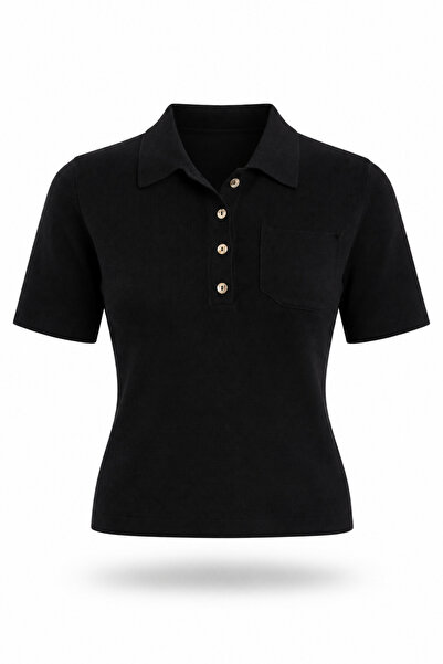 5in1Canpolat Black Polo Collar Buttoned Short Sleeve Knitwear 140796