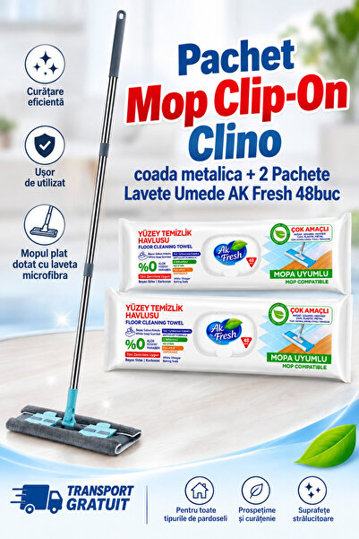 Clino Pachet Mop cu prindere tip clemă cu mâner metalic + 2 pachete șervețele...