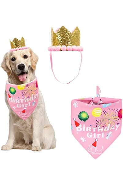 GENERAL Dog Birthday Girl Bandana & Crown Hat Set, Double-Sided Print Pink Bi...