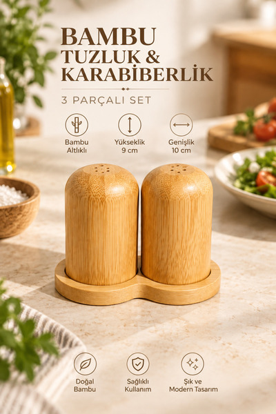Bambu Tuzluk Karabiberlik Seti 3 Parça Standlı Tuz Baharatlık Seti 9x10 cm