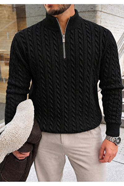 threeoff Men's Knitted Sweater with Stand Collar and Half Zipper, Slim Fit
