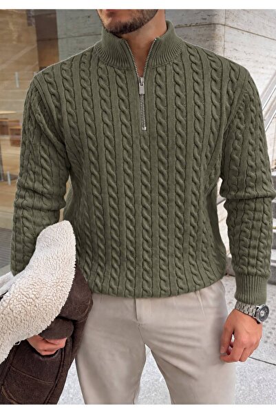 threeoff Men's Knitted Sweater with Stand Collar and Half Zipper, Slim Fit