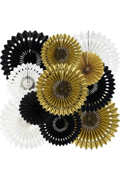 Tazweeq 11 Pcs Black White Gold Hanging Honeycomb Round Paper, Fans Party Dec...