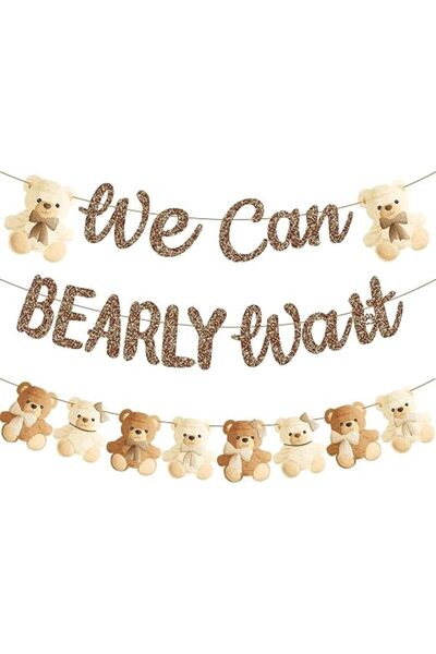 SYOSI Teddy Bear Banner, We Can Bearly Wait, Brown Glitter, Cute Decor Sign f...