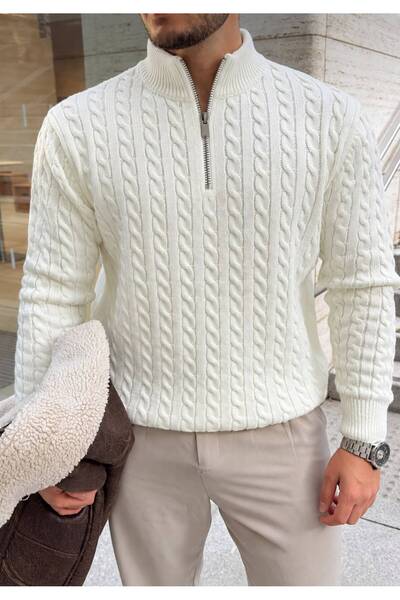 threeoff Men's Knitted Sweater with Stand Collar and Half Zipper, Slim Fit