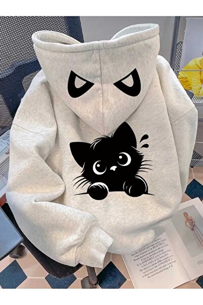 WESTWARD Kadınlar için Kedi Baskılı Gri Kapşonlu Sweatshirt