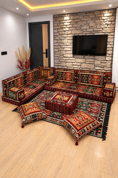 FEYZA DECOR HOME Otantik Milas Desen Şark Köşesi – 13 Parça Süngerli Sedir, K...