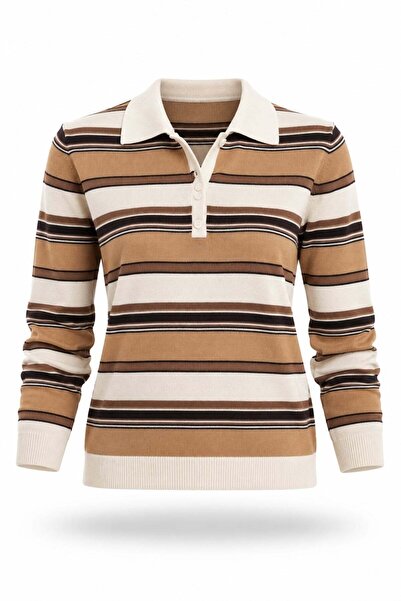 5in1Canpolat Brown Polo Collar Striped Sweater 261146