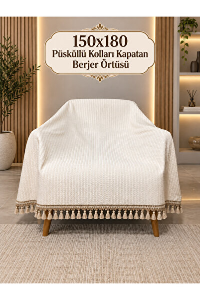 Rain Home Collection Ekru 150x180 Püsküllü Kolları Kapatan Berjer Örtüsü