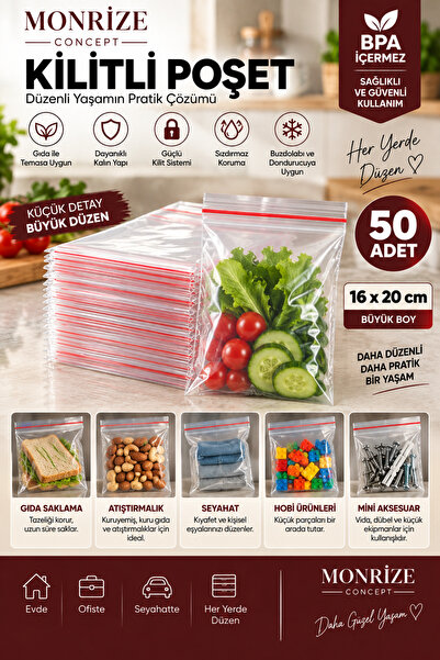 Monrize Concept Kilitli Poşet 16x20 cm 50 Adet Şeffaf Gıda Saklama Poşeti Buz...