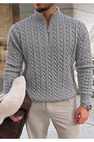 threeoff Men's Knitted Sweater with Stand Collar and Half Zipper, Slim Fit