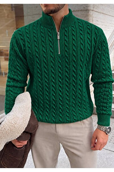 threeoff Men's Knitted Sweater with Stand Collar and Half Zipper, Slim Fit
