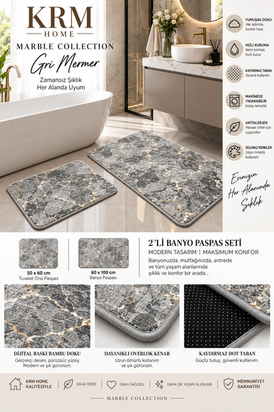 KRM HOME 2’li Banyo Paspas Seti Altın Damarlı Mermer Desenli Kaymaz Taban Yıkanabilir 60x100 + 50x60 cm