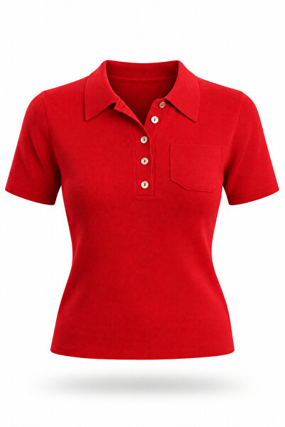 5in1Canpolat Red Polo Collar Buttoned Short Sleeve Knitwear 140796