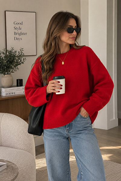 Kırmızı Kadın Oversize Bisiklet Yaka Triko Kazak