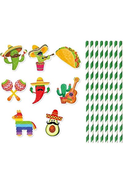 Yelajoy 4 Packs Paper Straws, Vibrant Mexican Theme Straws, Shaped Cutouts an...