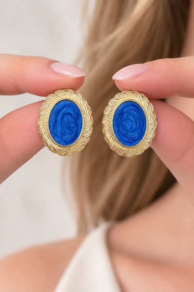 MRK Women's Navy Blue Enameled Oval Earrings