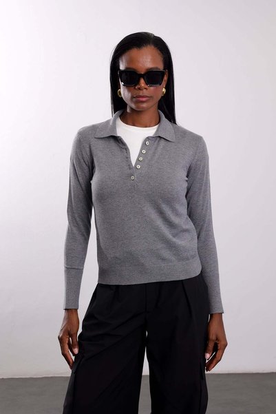 5in1Canpolat Gray Polo Collar Lyocell Yarn Knitwear