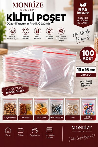 Monrize Concept Kilitli Poşet 13x16 cm 100 Adet Şeffaf Gıda Saklama Buzdolabı...