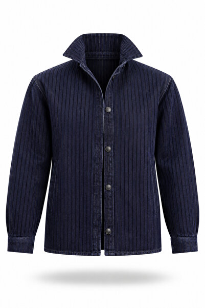5in1Canpolat Navy Blue Striped Shirt Jacket 8417