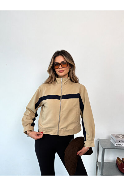 MERİDE Kadın Dik Yaka Fermuarlı Spor Bomber Ceket- 5067-L - Bej