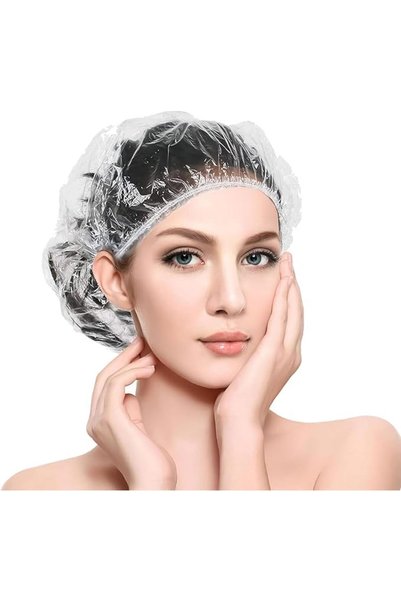 SYOSI 100 قطعة من أغطية الاستحمام البلاستيكية الشفافة للاستخدام مرة واحدة، مق...