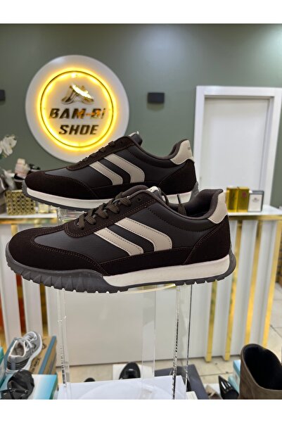 Kahverengi / Bej Çizgili Tırtıklı Taban Günlük Spor Ayakkabı Sneaker