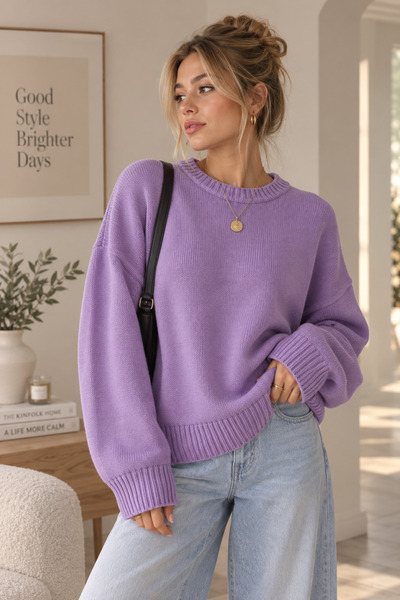 Lila Kadın Oversize Bisiklet Yaka Triko Kazak