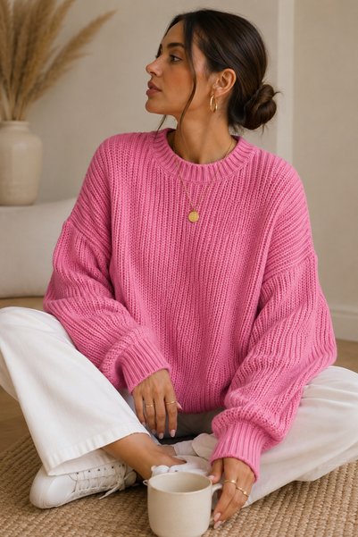 Pembe Kadın Oversize Bisiklet Yaka Triko Kazak