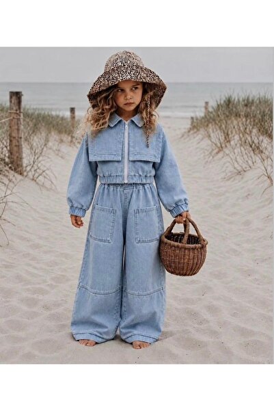 bohemiankids baby wear Kız Çocuk Mavi Kot Ceket Pantolon Takım