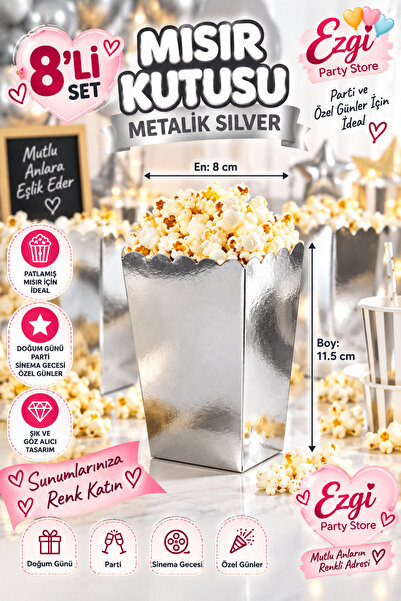 Ezgi Party Store 8'li Metalik Silver Mısır Kutusu Patlamış Mısır Popcorn Kutu...