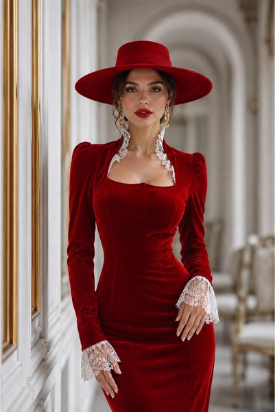 Dressia Velvet Fabric Dress with Guipure Details