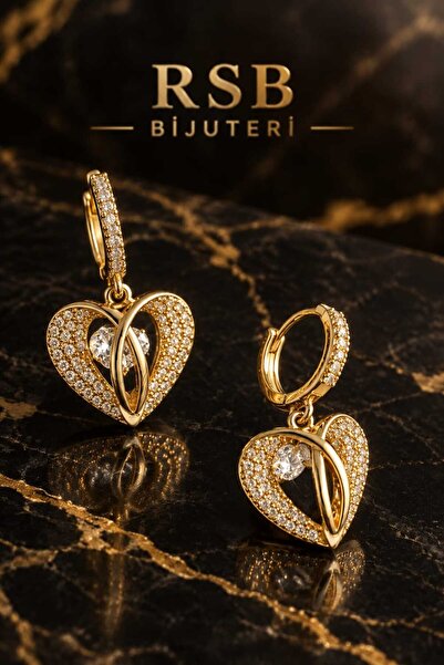 RSB Bijuteri ve Aksesuar Küpe LUXE Seri Kalp Sallantılı Taşlı Altın Renk Kapl...