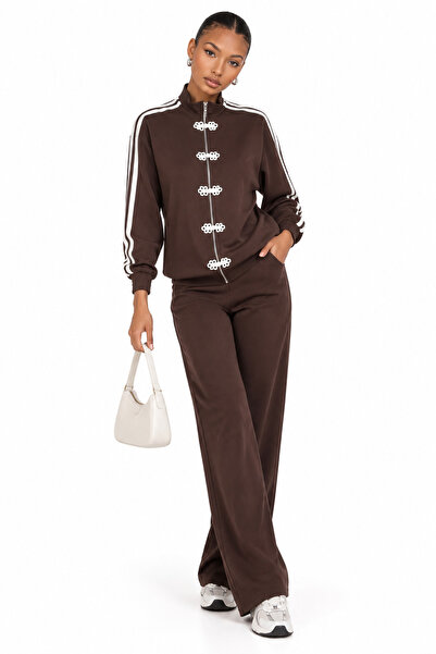 LOKADI Women's Stripe Detailed Zippered Wide Leg Tracksuit Set