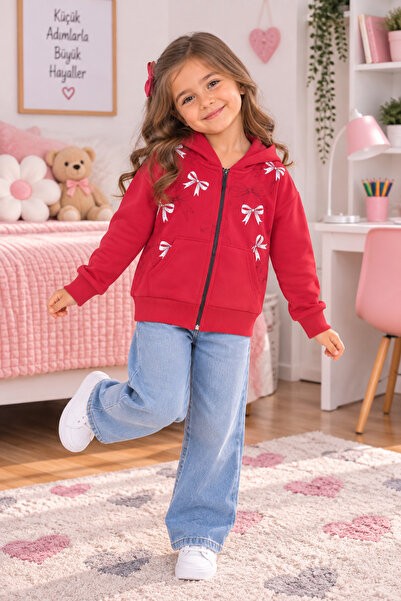 SERPİL Ss Gi̇yi̇m Girls' Red Bowknot Hooded Zipper Sweatshirt – Long Sleeve C...