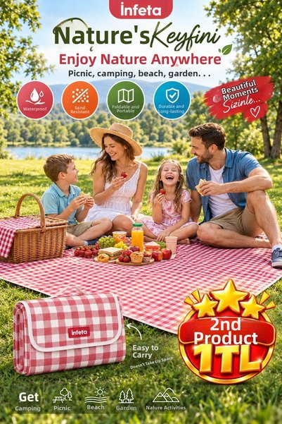 İnfeta Red Checkered 200X150 cm Waterproof Sand-Repellent Foldable Picnic and...