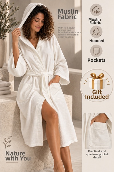 TEXTİLES MAGİC LAMP Unisex Muslin Bathrobe 100% Cotton Hooded with Pockets Be...