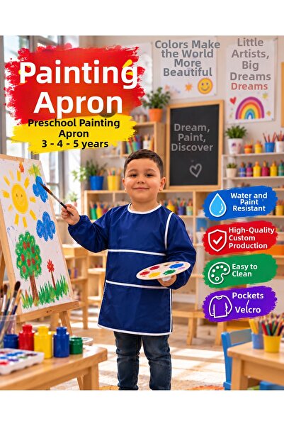 diğerr1 مريلة رسم ملونة باللون الأزرق الداكن لمرحلة رياض الأطفال من 3-4-5 سنو...