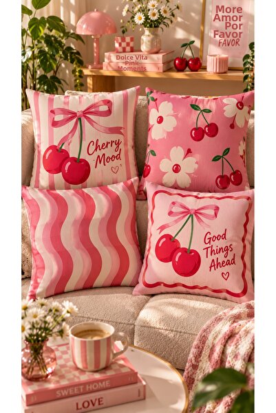 Nari Collections Cherry Dream 4-Piece Throw Pillow Cover Set – 43X43 cm Doubl...
