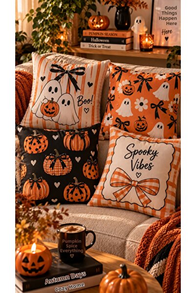 Nari Collections مجموعة أغطية وسائد Spooky Vibes مكونة من 4 قطع - مقاس 43x43 ...